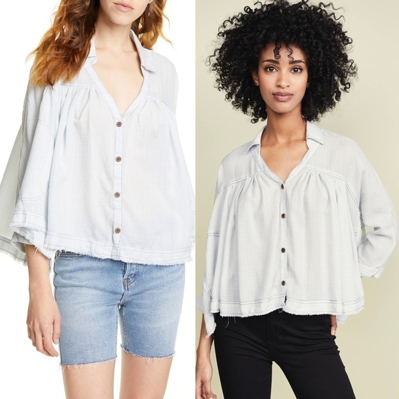 NWT FREE PEOPLE Rainbow Plaid Oversized Button Up Pleated Cropped Prairie Top S - Picture 6 of 13